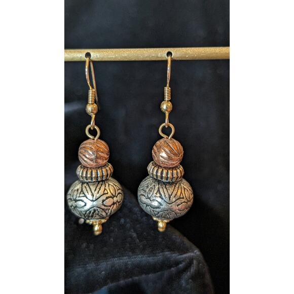 Tri-Color Metal Boho Dangle Bead Earrings - Picture 2 of 5